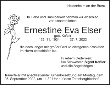 Traueranzeige von Ernestine Elser von Heidenheimer Zeitung