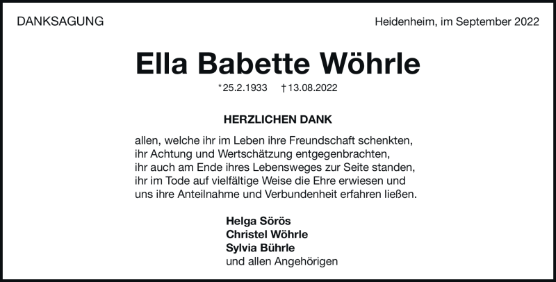  Traueranzeige für Ella Babette Wöhrle vom 03.09.2022 aus Heidenheimer Zeitung