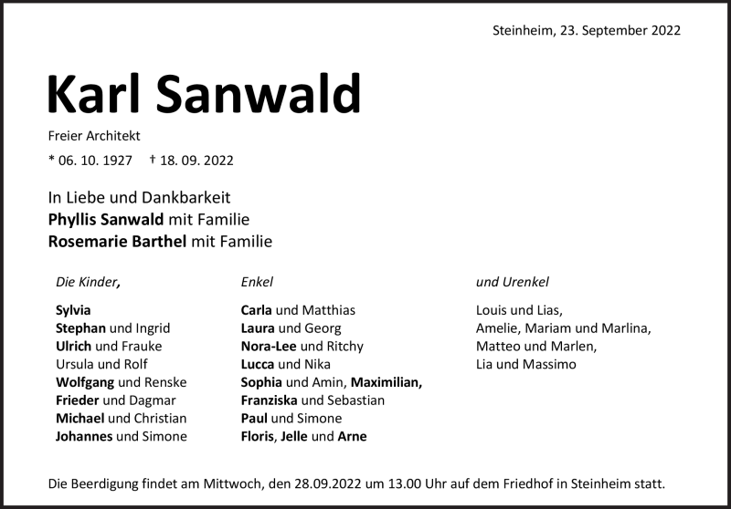  Traueranzeige für Karl Sanwald vom 23.09.2022 aus Heidenheimer Zeitung