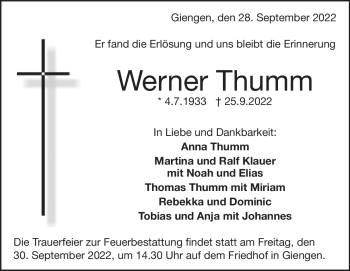 Traueranzeige von Werner Thumm von Heidenheimer Zeitung