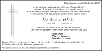 Traueranzeige von Wilhelm Wahl von Heidenheimer Zeitung