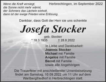 Traueranzeige von Josefa Stocker von Heidenheimer Zeitung
