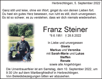 Traueranzeige von Franz Steiner von Heidenheimer Zeitung