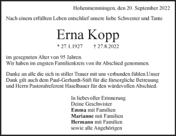 Traueranzeige von Erna Kopp von Heidenheimer Zeitung