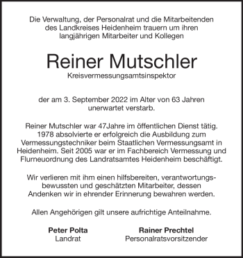 Traueranzeige von Reiner Mutschler von Heidenheimer Zeitung