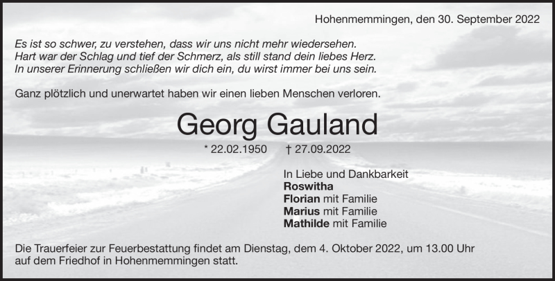  Traueranzeige für Georg Gauland vom 30.09.2022 aus Heidenheimer Zeitung