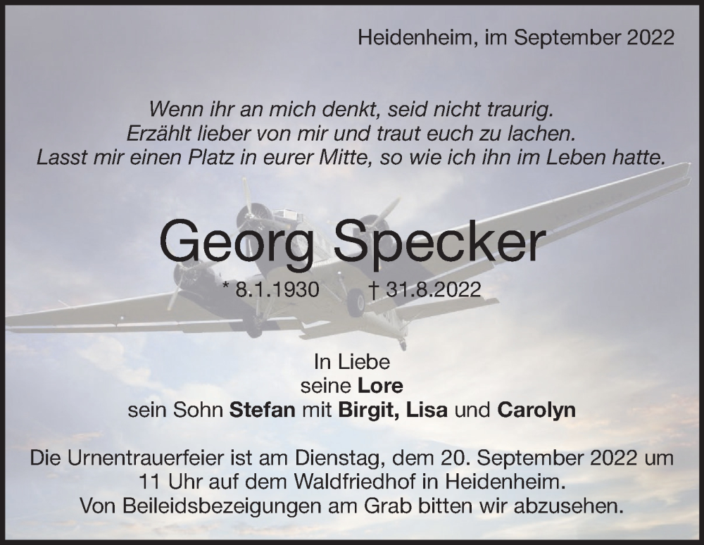  Traueranzeige für Georg Specker vom 17.09.2022 aus Heidenheimer Zeitung