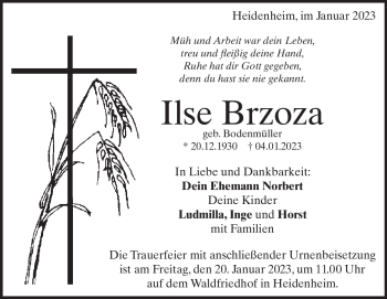 Traueranzeige von Ilse Brzoza von Heidenheimer Zeitung