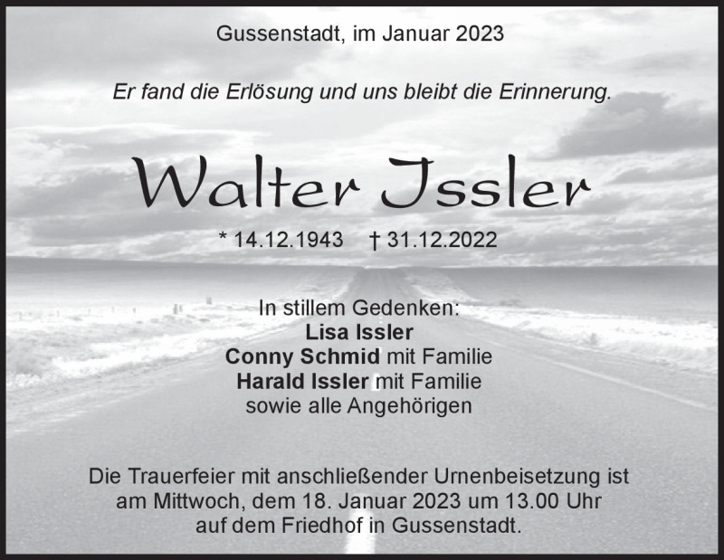  Traueranzeige für Walter Issler vom 14.01.2023 aus Heidenheimer Zeitung