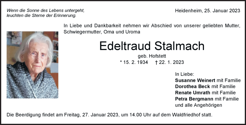  Traueranzeige für Edeltraud Stalmach vom 25.01.2023 aus Heidenheimer Zeitung