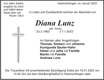 Traueranzeige von Diana Lunz von Heidenheimer Zeitung