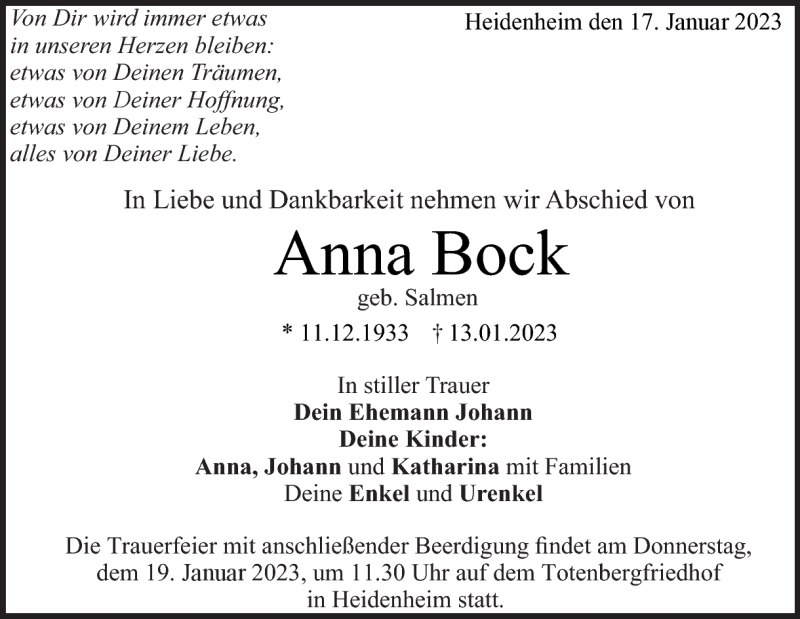  Traueranzeige für Anna Bock vom 17.01.2023 aus Heidenheimer Zeitung