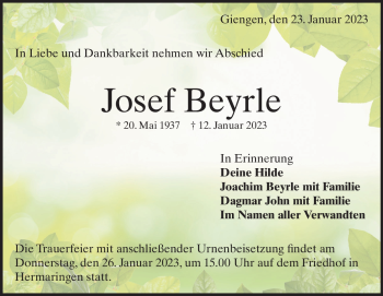 Traueranzeige von Josef Beyrle von Heidenheimer Zeitung
