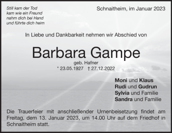 Traueranzeige von Barbara Gampe von Heidenheimer Zeitung