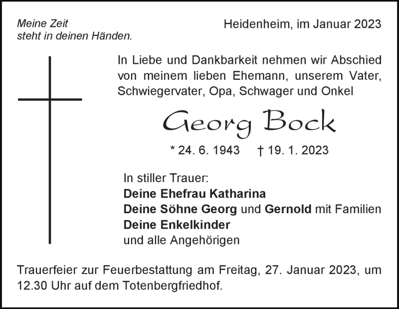  Traueranzeige für Georg Bock vom 25.01.2023 aus Heidenheimer Zeitung