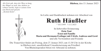 Traueranzeige von Ruth Häußler von Heidenheimer Zeitung