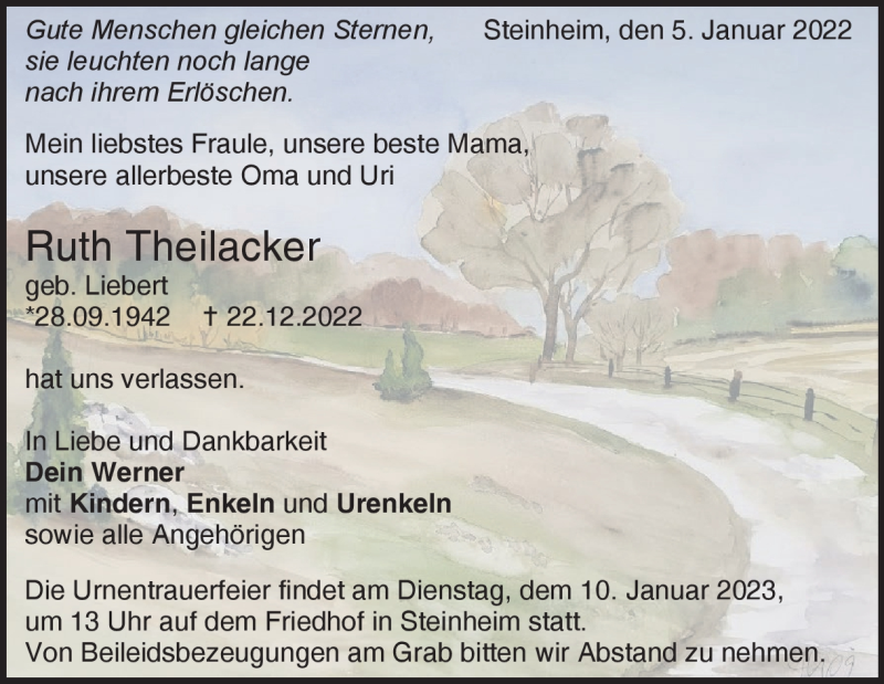  Traueranzeige für Ruth Theilacker vom 05.01.2023 aus Heidenheimer Zeitung
