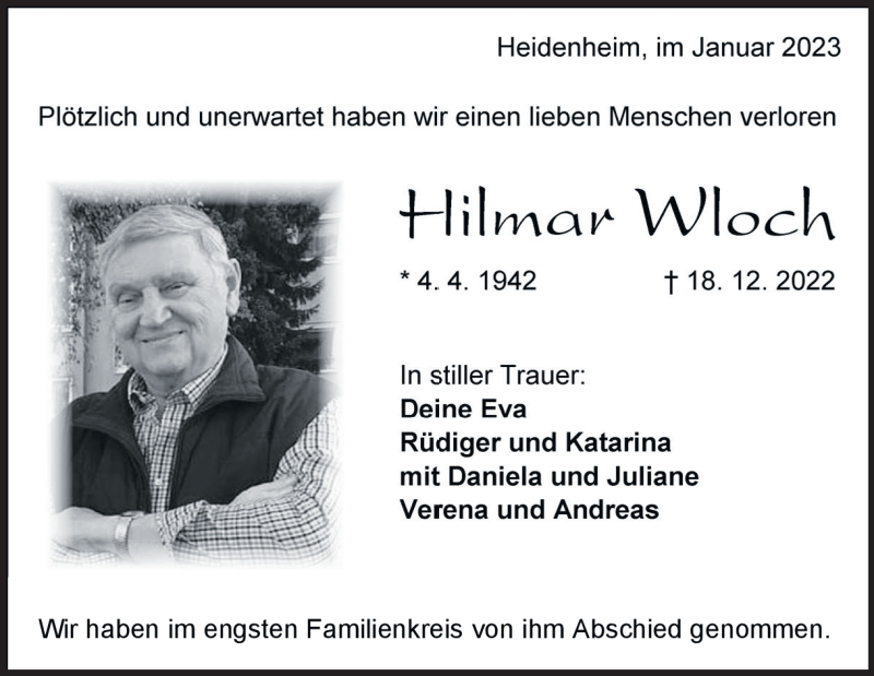  Traueranzeige für Hilmar Wloch vom 07.01.2023 aus Heidenheimer Zeitung