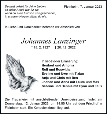 Traueranzeige von Johannes Lanzinger von Heidenheimer Zeitung