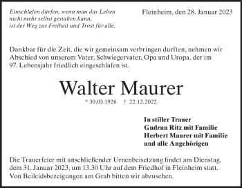 Traueranzeige von Walter Maurer von Heidenheimer Zeitung