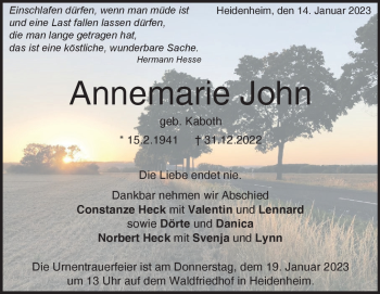 Traueranzeige von Annemarie John von Heidenheimer Zeitung