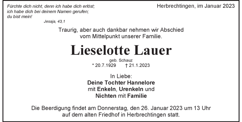  Traueranzeige für Lieselotte Lauer vom 24.01.2023 aus Heidenheimer Zeitung