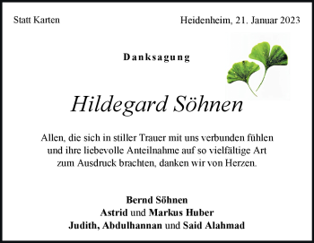 Traueranzeige von Hildegard Söhnen von Heidenheimer Zeitung