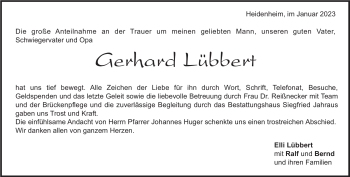Traueranzeige von Gerhard Lübbert von Heidenheimer Zeitung