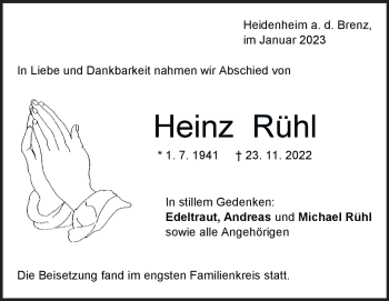 Traueranzeige von Heinz Rühl von Heidenheimer Zeitung