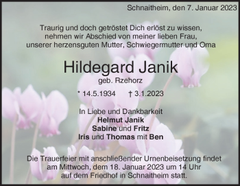 Traueranzeige von Hildegard Janik von Heidenheimer Zeitung