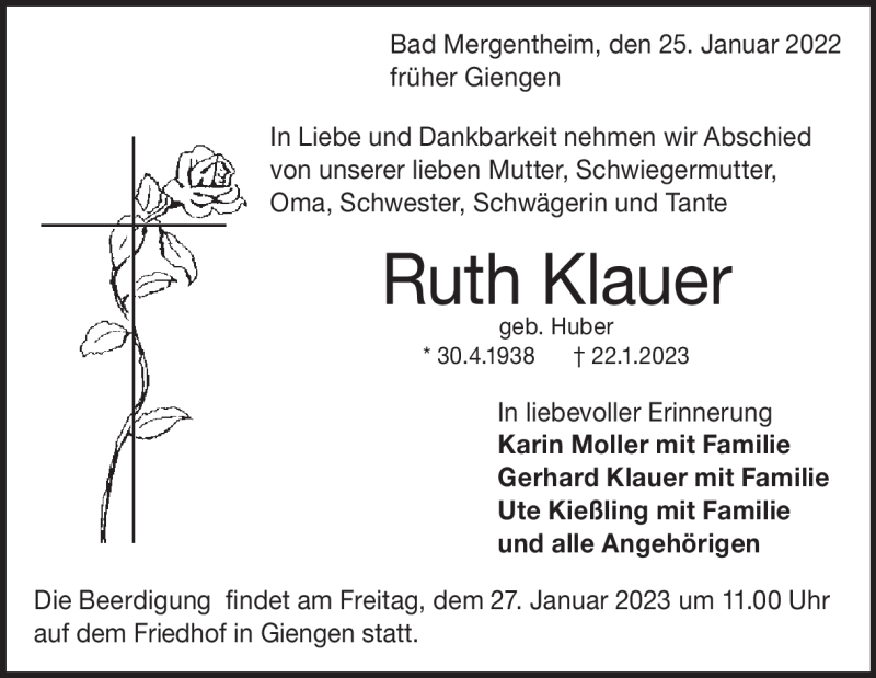  Traueranzeige für Ruth Klauer vom 25.01.2023 aus Heidenheimer Zeitung