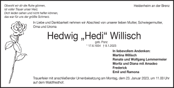 Traueranzeige von Hedwig Willisch von Heidenheimer Zeitung