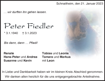 Traueranzeige von Peter Fiedler von Heidenheimer Zeitung