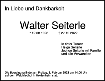 Traueranzeige von Walter Seiterle von Heidenheimer Zeitung