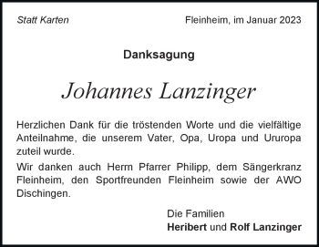 Traueranzeige von Johannes Lanzinger von Heidenheimer Zeitung