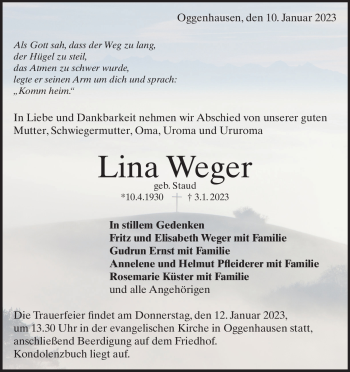 Traueranzeige von Lina Weger von Heidenheimer Zeitung