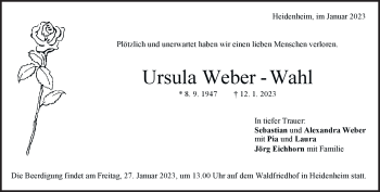 Traueranzeige von Ursula Weber-Wahl von Heidenheimer Zeitung