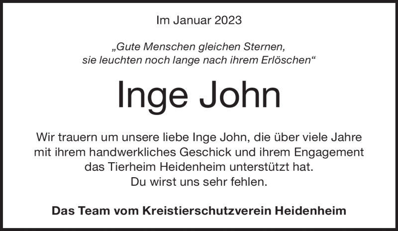  Traueranzeige für Inge John vom 25.01.2023 aus Heidenheimer Zeitung