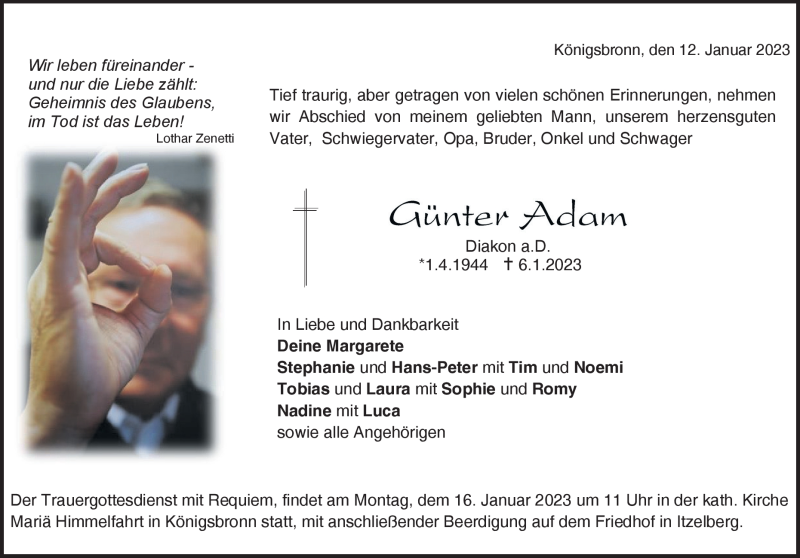  Traueranzeige für Günter Adam vom 12.01.2023 aus Heidenheimer Zeitung