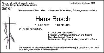 Traueranzeige von Hans Bosch von Heidenheimer Zeitung