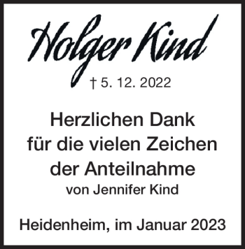 Traueranzeige von Holger Kind von Heidenheimer Zeitung