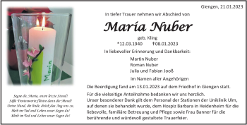 Traueranzeige von Maria Nuber von Heidenheimer Zeitung