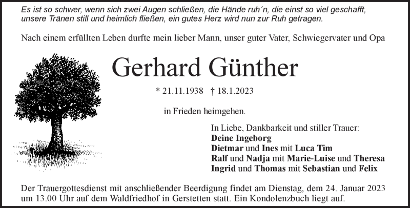  Traueranzeige für Gerhard Günther vom 21.01.2023 aus Heidenheimer Zeitung