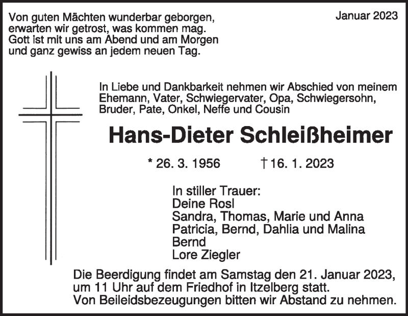  Traueranzeige für Hans-Dieter  Schleißheimer vom 19.01.2023 aus Heidenheimer Zeitung