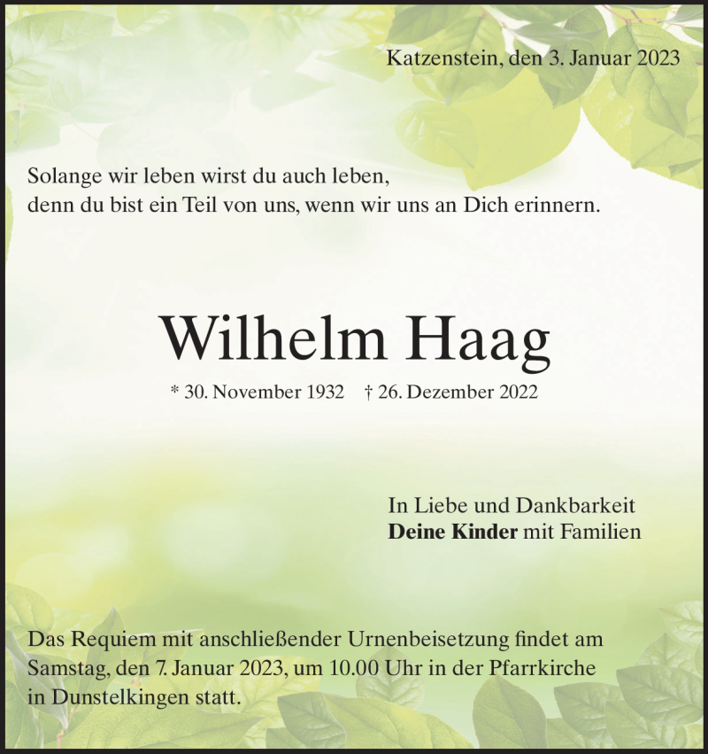  Traueranzeige für Wilhelm Haag vom 03.01.2023 aus Heidenheimer Zeitung