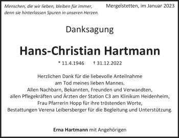 Traueranzeige von Hans-Christian Hartmann von Heidenheimer Zeitung