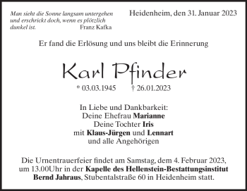 Anzeige Karl Pfinder