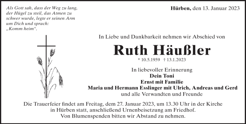  Traueranzeige für Ruth Häußler vom 21.01.2023 aus Heidenheimer Zeitung