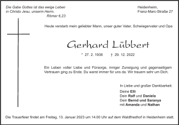 Traueranzeige von Gerhard Lübbert von Heidenheimer Zeitung