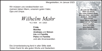 Traueranzeige von Wilhelm Mahr von Heidenheimer Zeitung